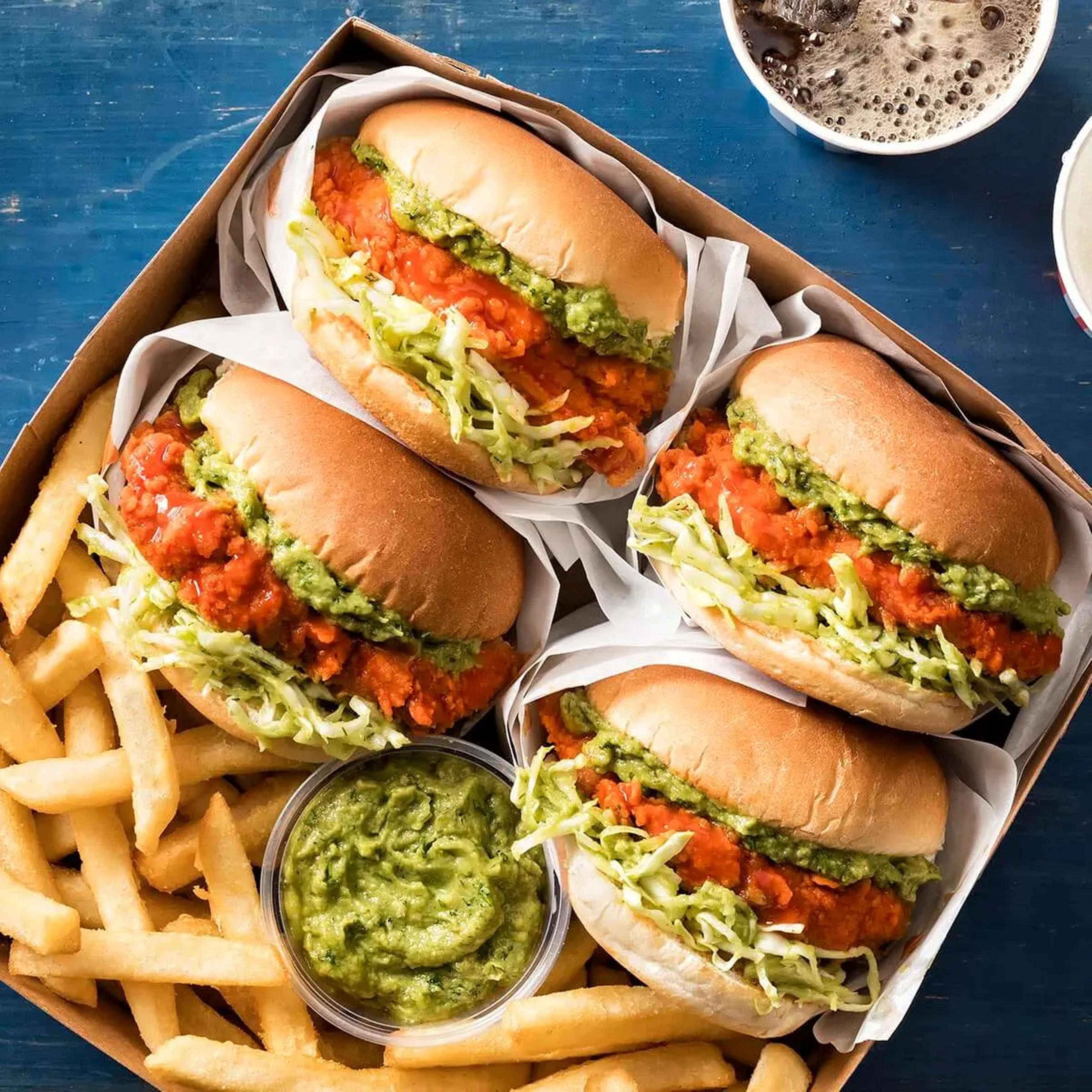 Crispy Buffalo Chicken Sandwich with Dill Avocado, Slaw and Fries