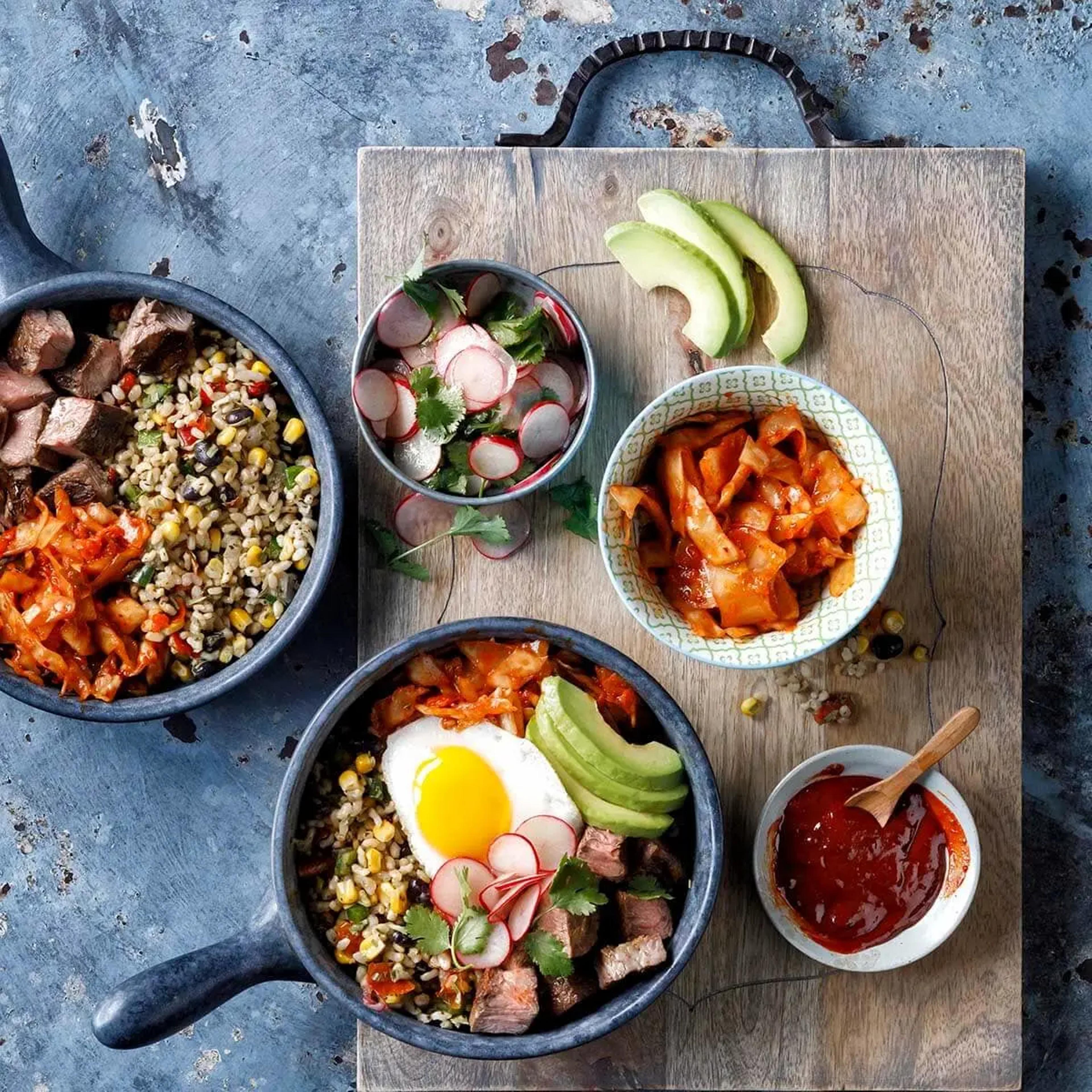 Carne Asada Bibimbap with Fiesta Rice, Gochujang Salsa and Fried Egg Recipe Card