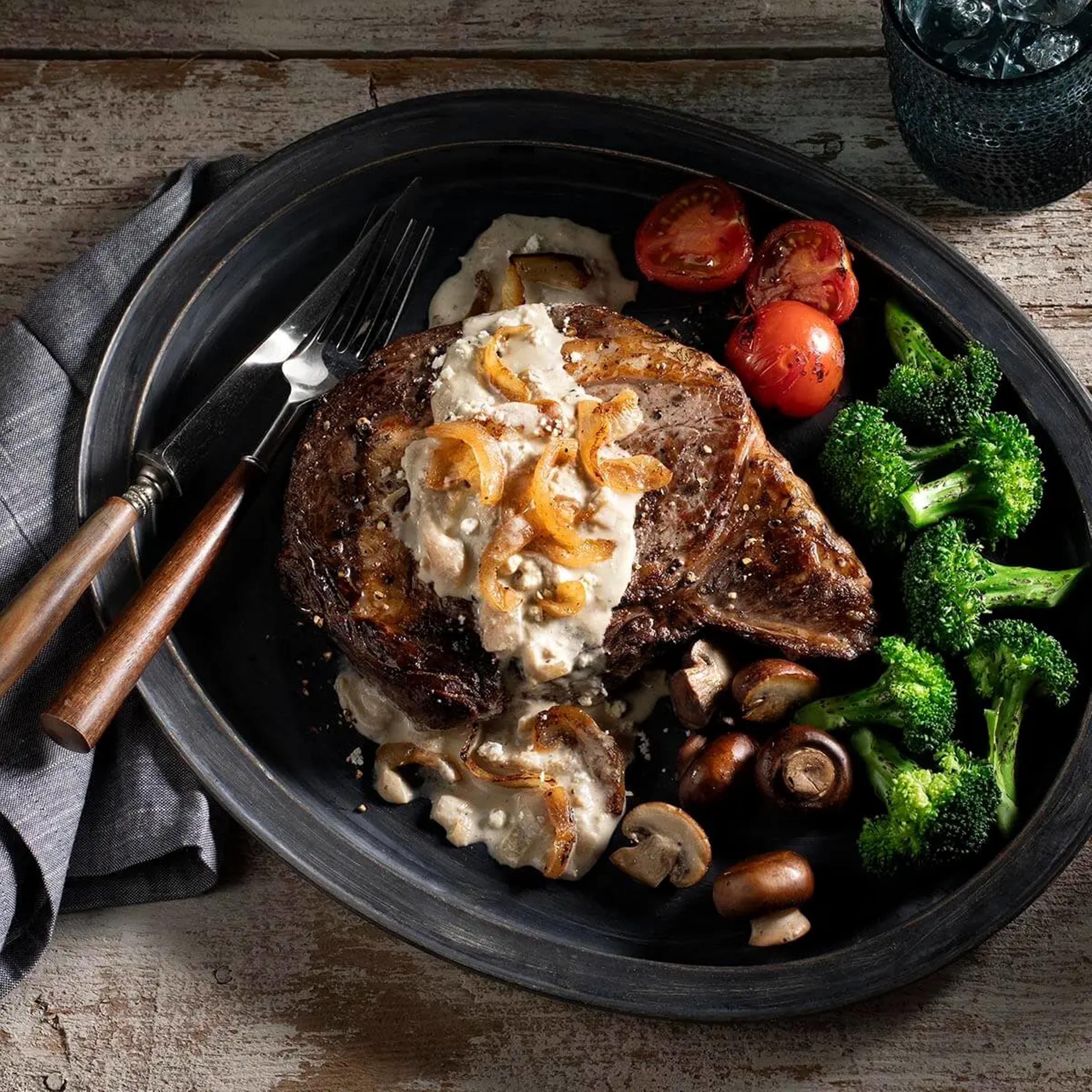 Rib Eye with Caramelized Onion Blue Cheese Sauce Recipe Card
