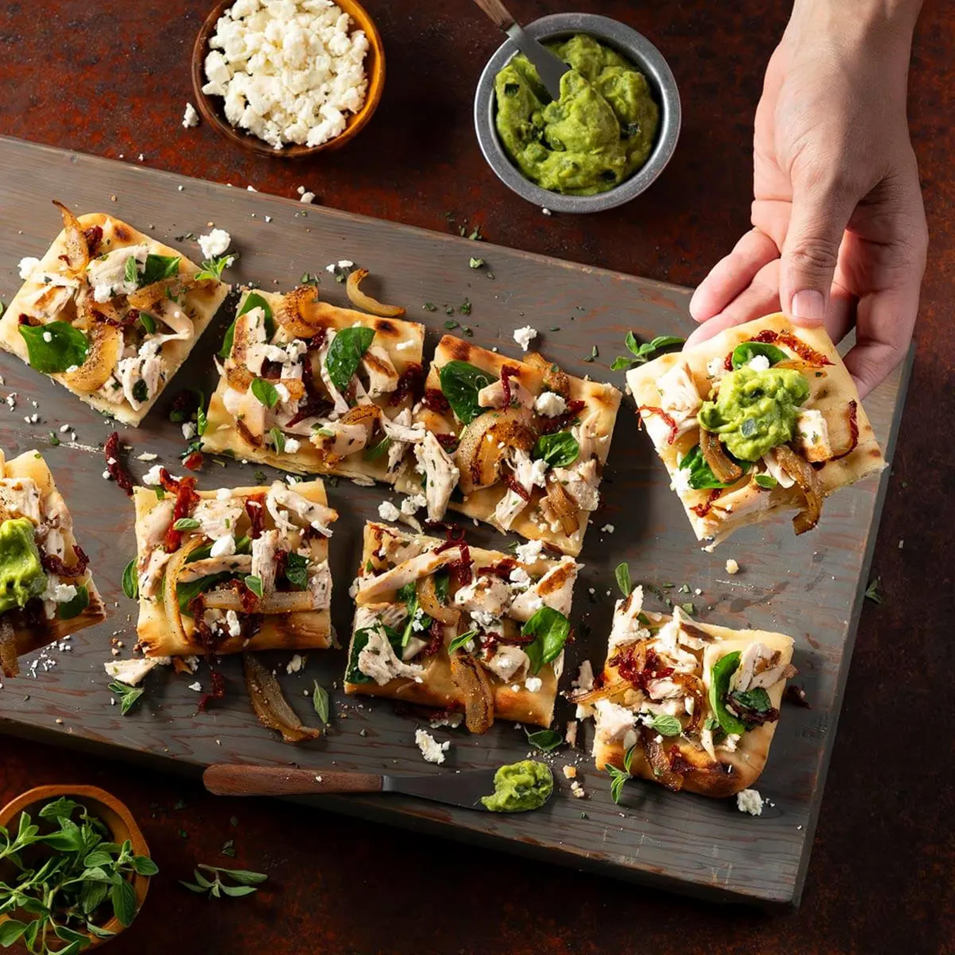 Mediterranean Chicken, Spinach and Feta Flatbread with Cucumber Tzatziki Avocado