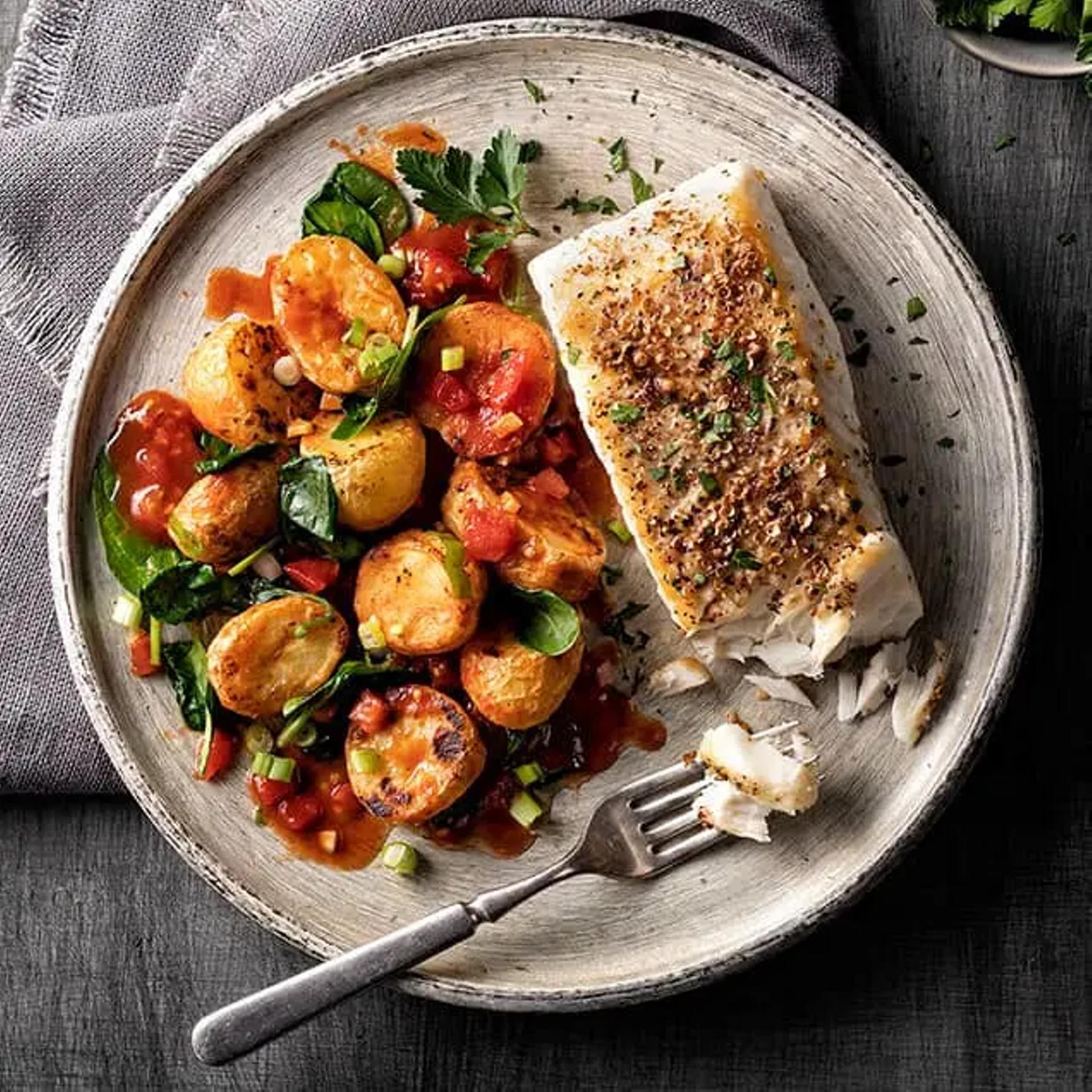 Roasted Baby Bakers™ Halves with Tomatoes and Spinach Recipe Card